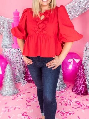 Red Puff-Sleeve Bow-Front Peplum Top - Women